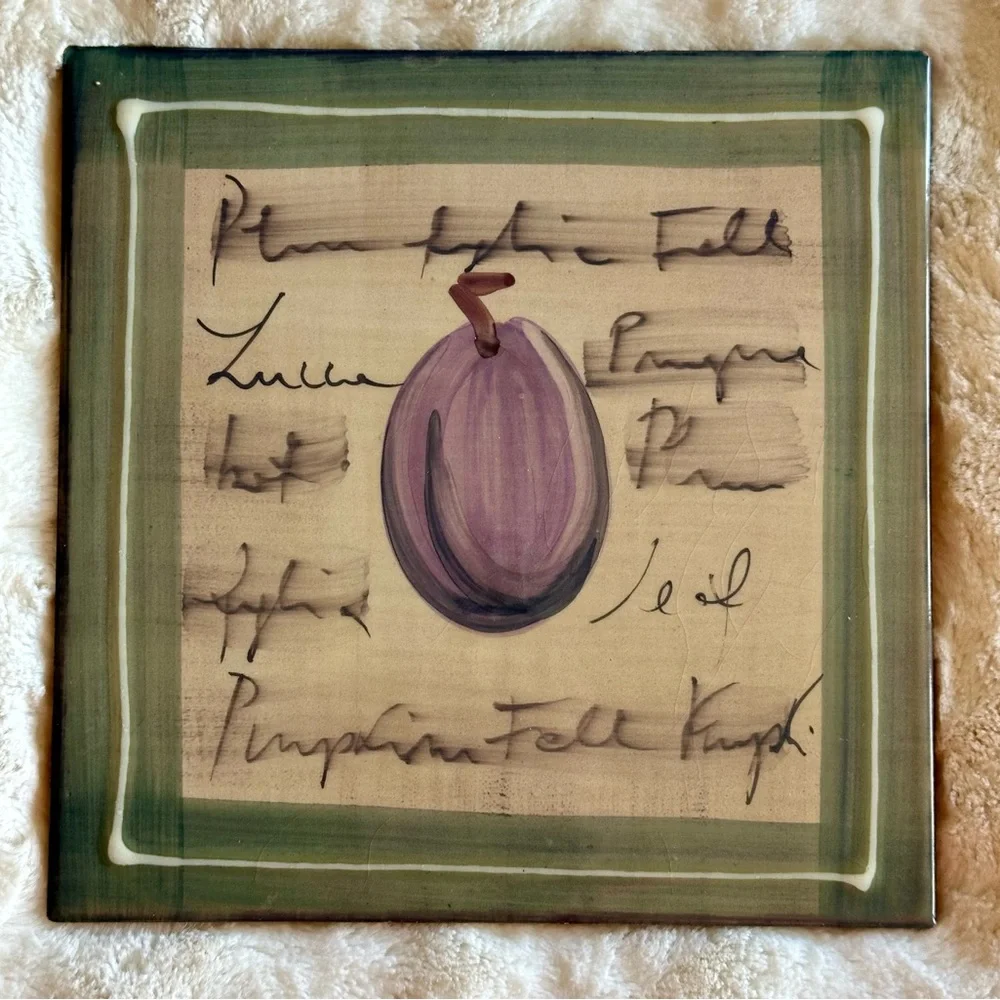 Crate & Barrel Tile Trivet Plum Made in Italy Hand Painted 8”x8” Tile Only
